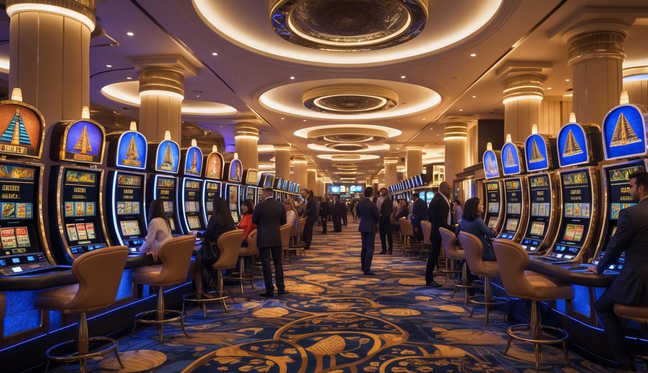 Area kasino dengan mesin slot bergaya Mesir, dikelilingi ornamen dan dekorasi bertema Mesir kuno, dengan orang-orang bermain dan suasana yang ramai.
