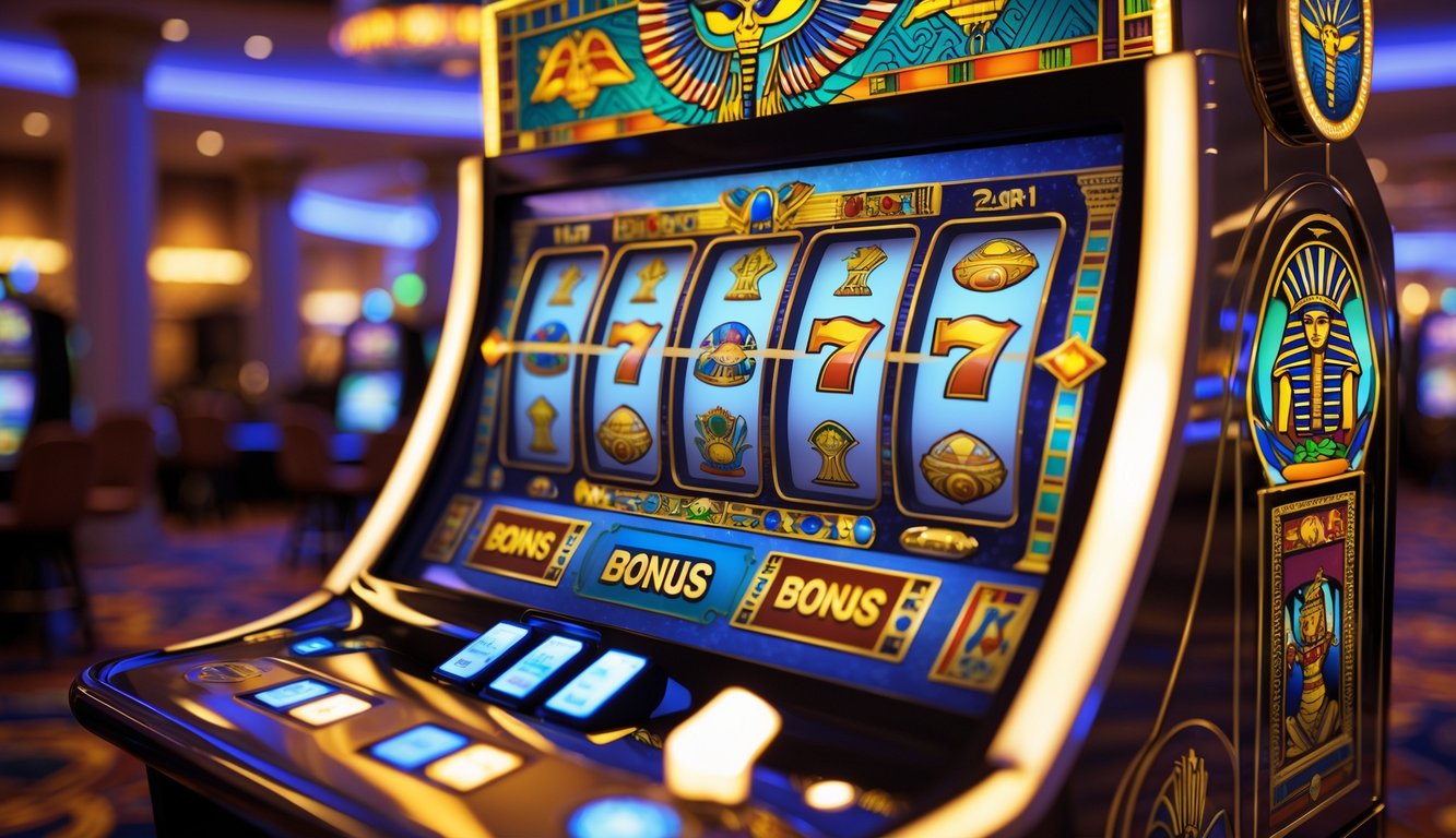 Mesin slot bertema Mesir kuno dengan simbol-simbol hieroglif dan scarab di dalam kasino mewah.