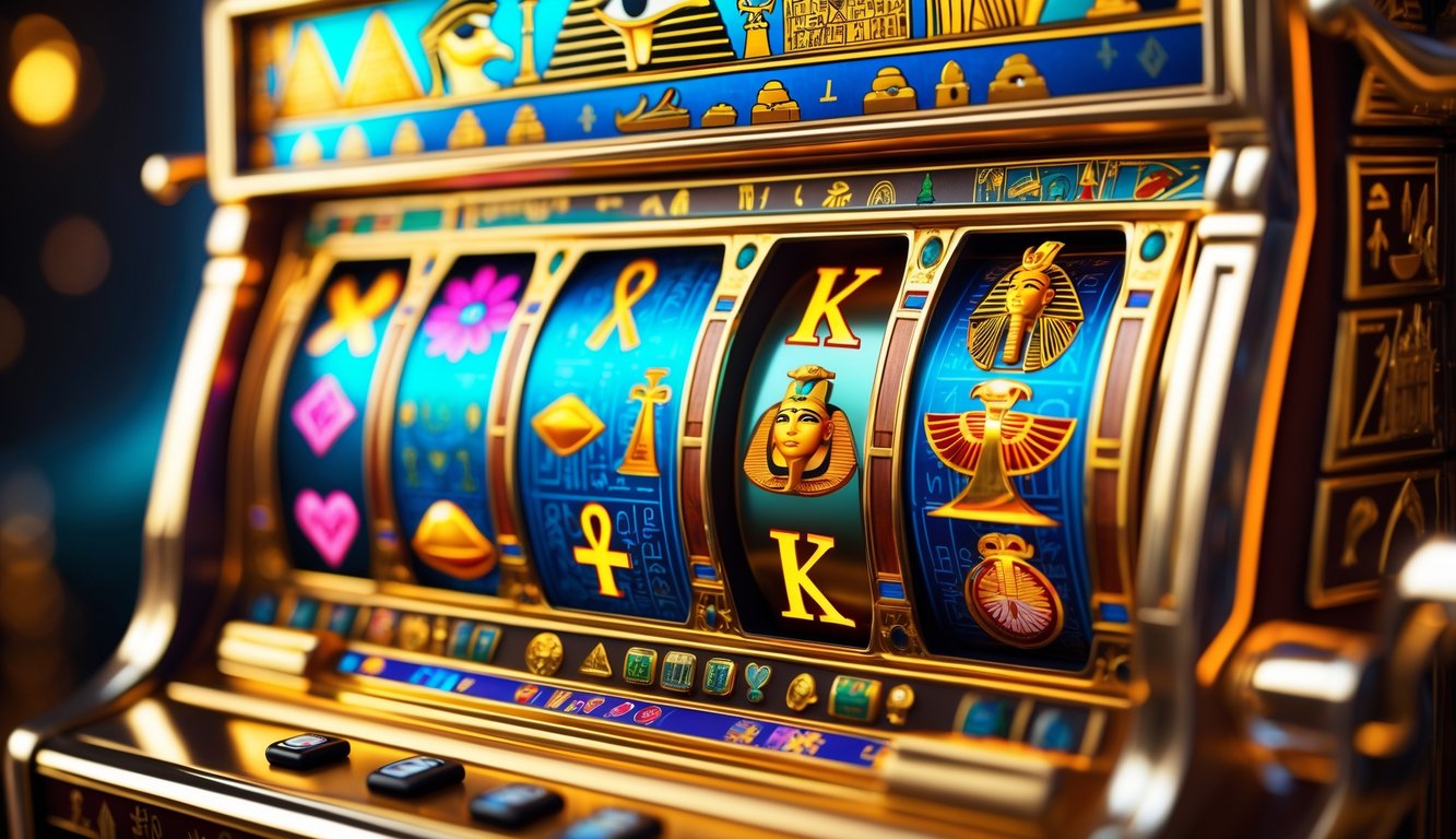 Mesin slot dengan desain klasik Mesir kuno menampilkan simbol hieroglif dan motif piramida.