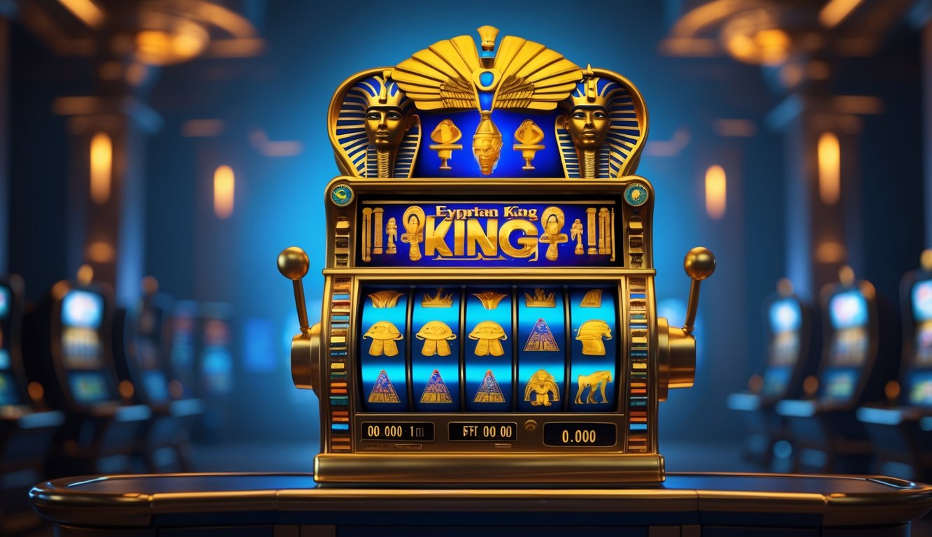 Mesin slot bertema raja Mesir kuno dengan hiasan emas dan simbol hieroglif di latar belakang kasino.