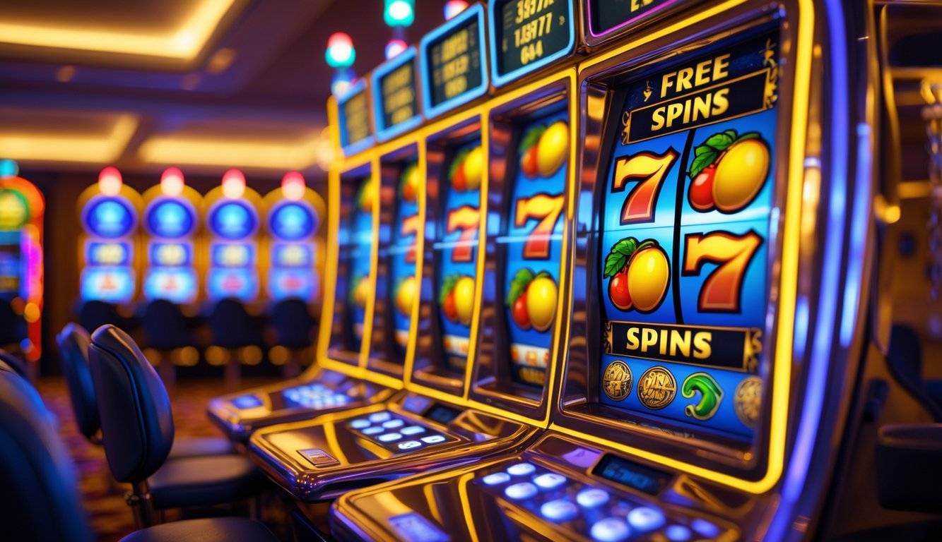 Mesin slot berwarna cerah dengan simbol klasik dan lampu menyala di latar kasino.