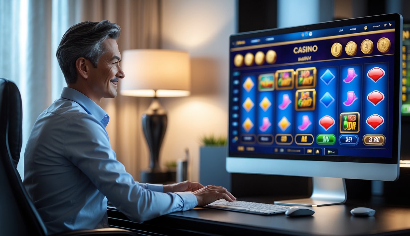 Seseorang duduk di depan komputer di ruang kerja rumah yang rapi dengan layar menampilkan permainan kasino online berwarna-warni.