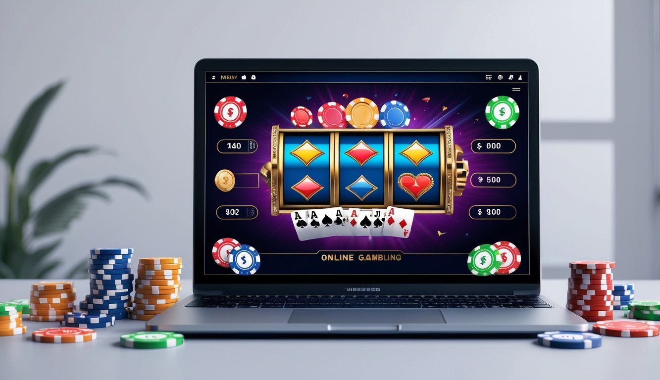 Seorang pria menggunakan laptop dengan tampilan permainan kasino online di meja kerja modern.