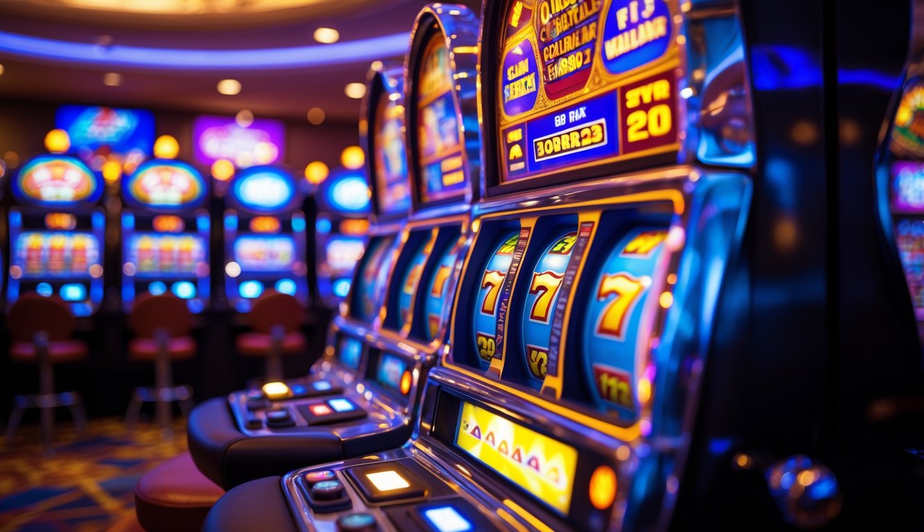 Mesin slot modern yang menyala dengan lampu warna-warni dalam suasana kasino yang ramai.