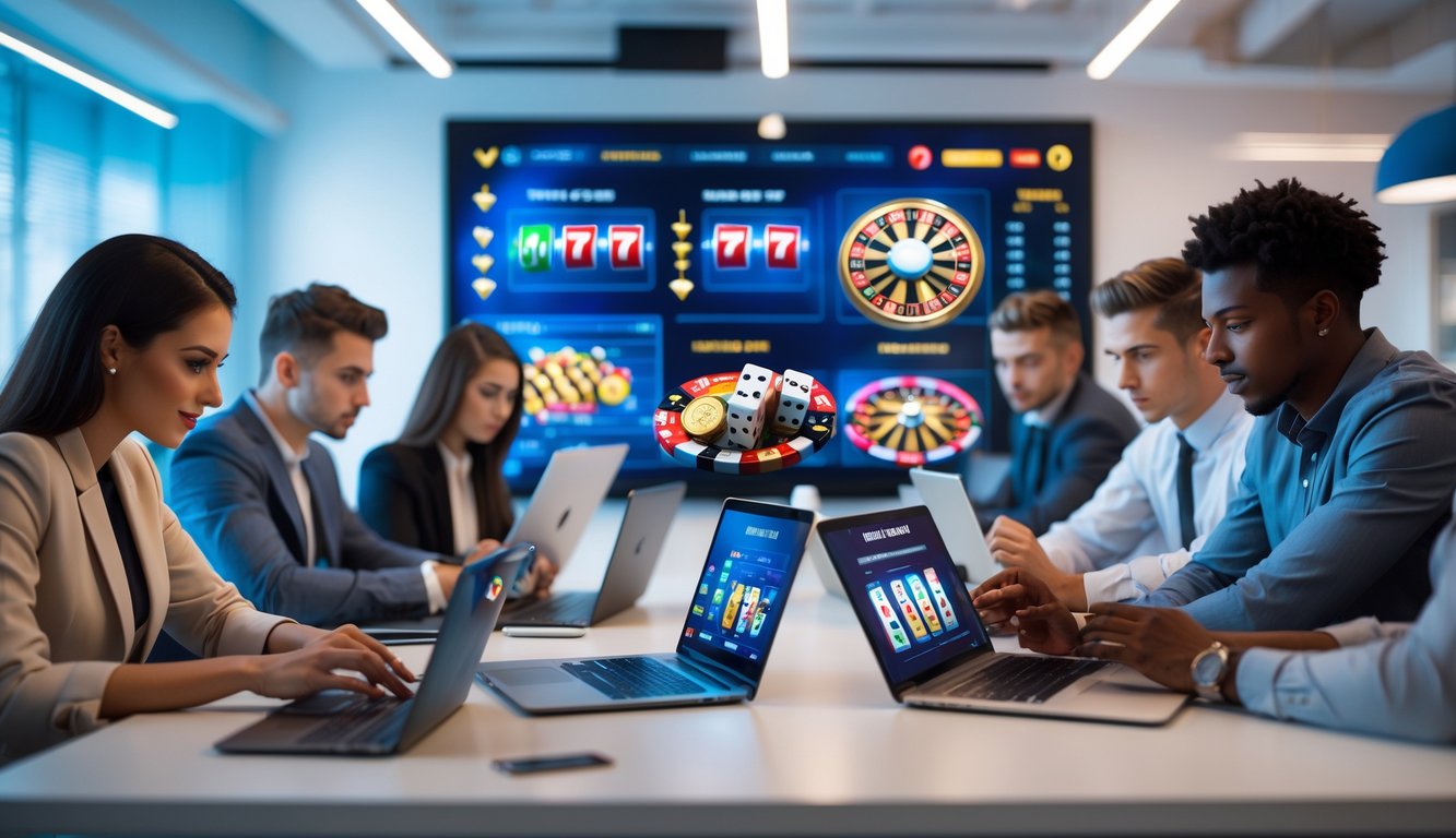 Sejumlah orang muda sedang menggunakan perangkat digital untuk bermain permainan judi online di sebuah ruang kantor modern.