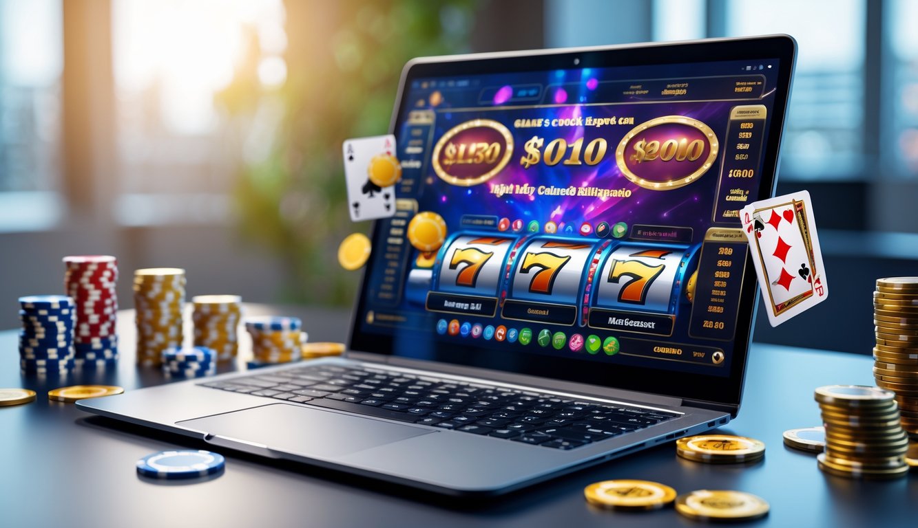 Meja kerja dengan laptop menampilkan permainan judi online, dikelilingi oleh chip poker dan kartu remi.