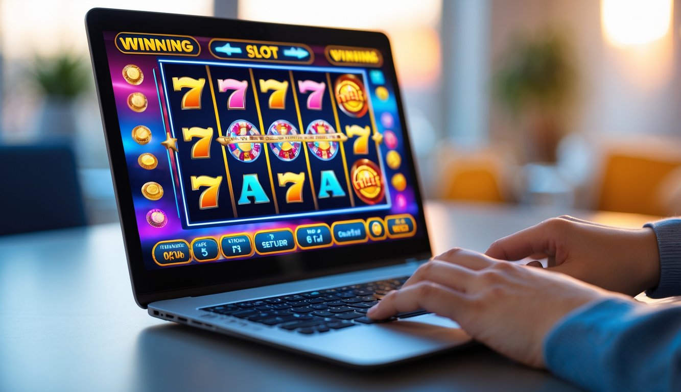 Seorang pengguna bermain mesin slot online di laptop dengan latar belakang ruangan yang hangat dan nyaman.