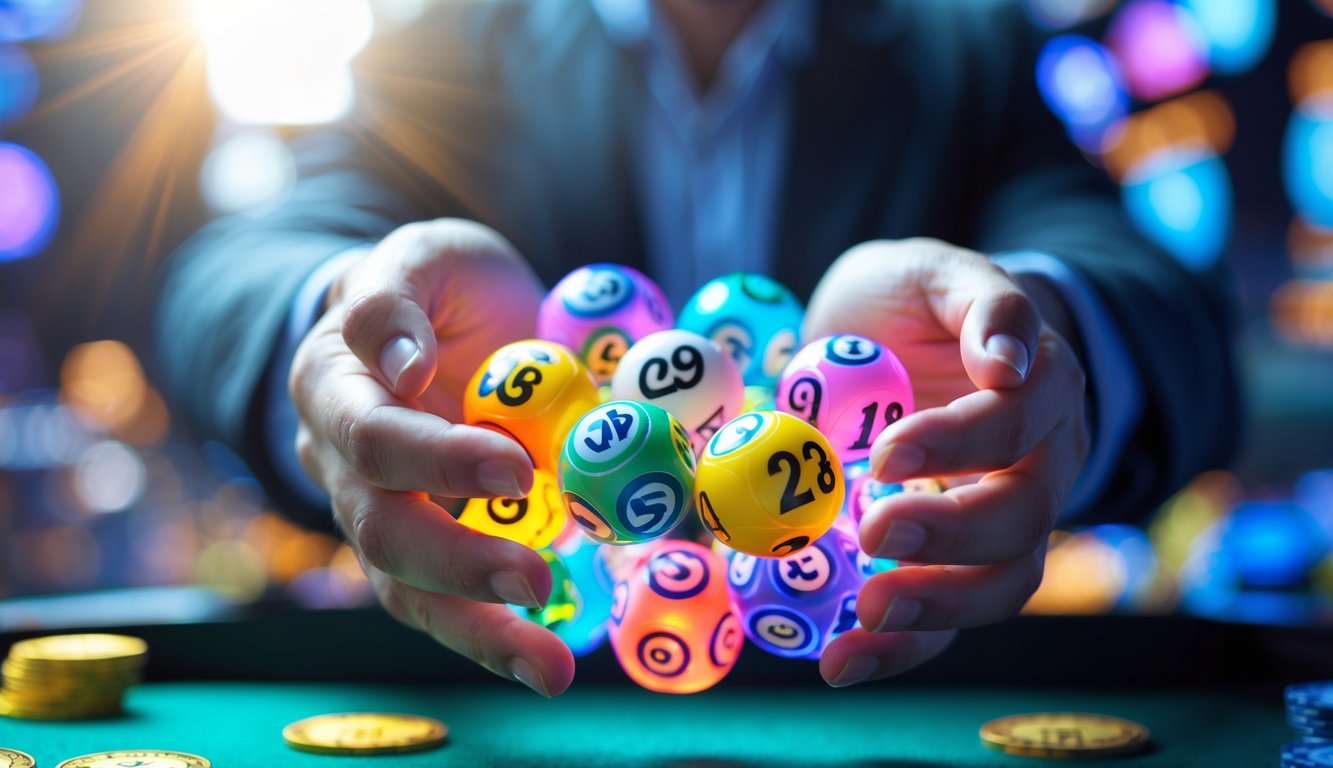 Tangan memegang bola lotere berwarna-warni dengan latar belakang suasana permainan lotere yang modern.