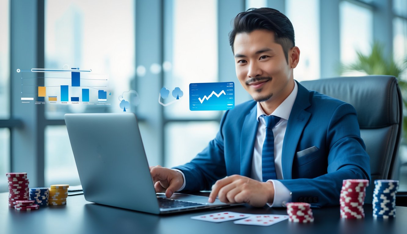 Seorang pria Asia Tenggara duduk di meja kantor modern dengan laptop dan ponsel, dikelilingi elemen permainan dan taruhan online seperti kartu dan chip poker.