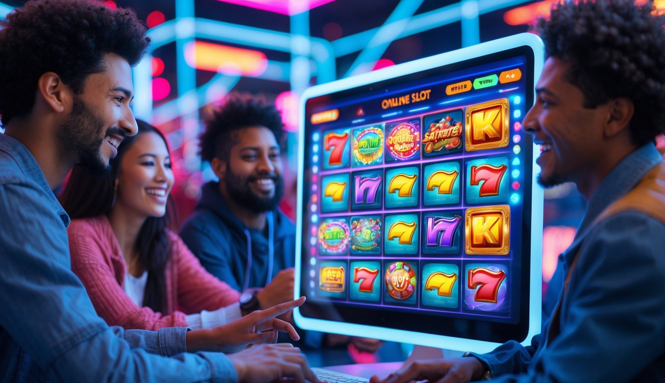 Orang-orang muda sedang bermain game slot online terbaru di perangkat digital dengan latar belakang berwarna cerah dan elemen futuristik.