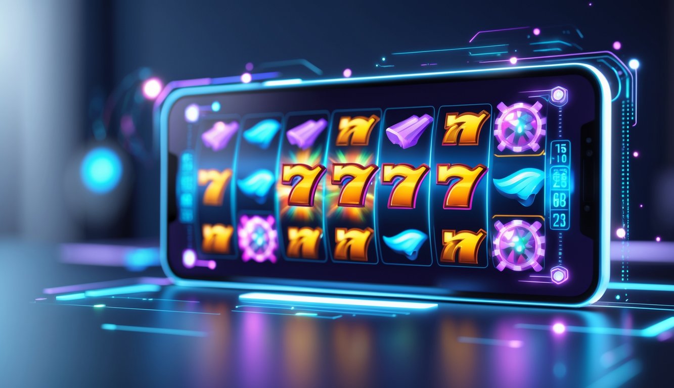 Tampilan layar perangkat digital yang menampilkan permainan slot online dengan gulungan berwarna-warni yang berputar cepat.