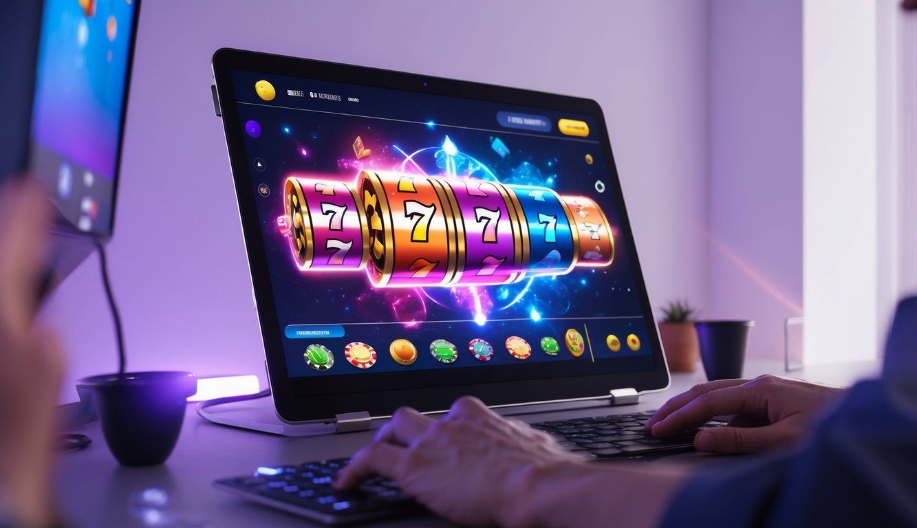 Seorang pemain sedang menggunakan komputer dengan layar menampilkan permainan slot online yang berwarna-warni dan menarik.