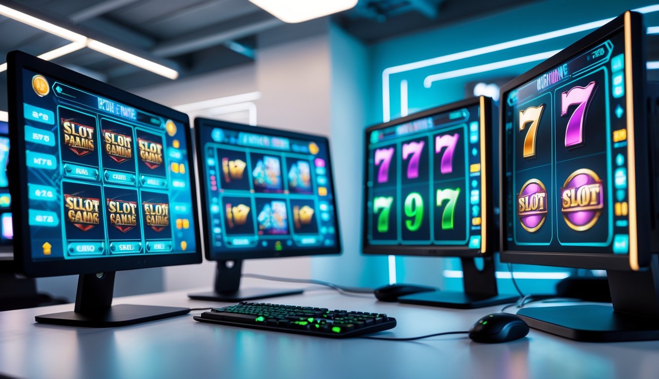 Sebuah ruang permainan daring dengan komputer dan monitor menampilkan grafik mesin slot yang berwarna-warni dan tampilan teknologi modern.