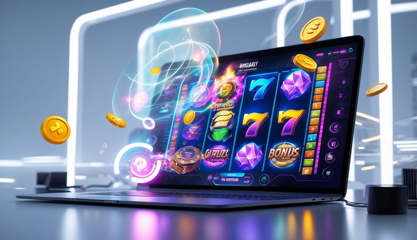 Layar komputer menampilkan permainan slot online dengan grafik warna-warni dan elemen digital futuristik di lingkungan teknologi modern.