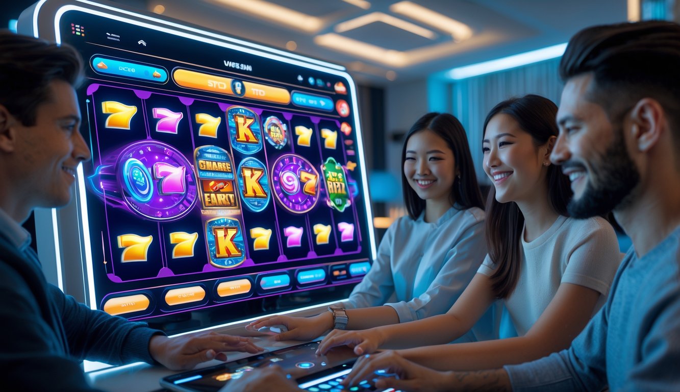 Sekelompok orang muda bermain game slot online di ruangan modern dengan layar sentuh besar dan suasana nyaman.