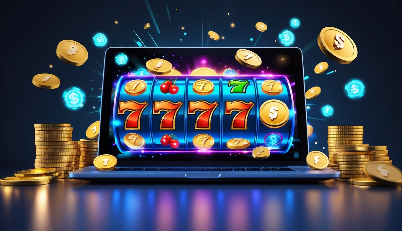 Layar perangkat elektronik menampilkan mesin slot online dengan simbol berwarna cerah yang berputar, menunjukkan suasana kemenangan jackpot.