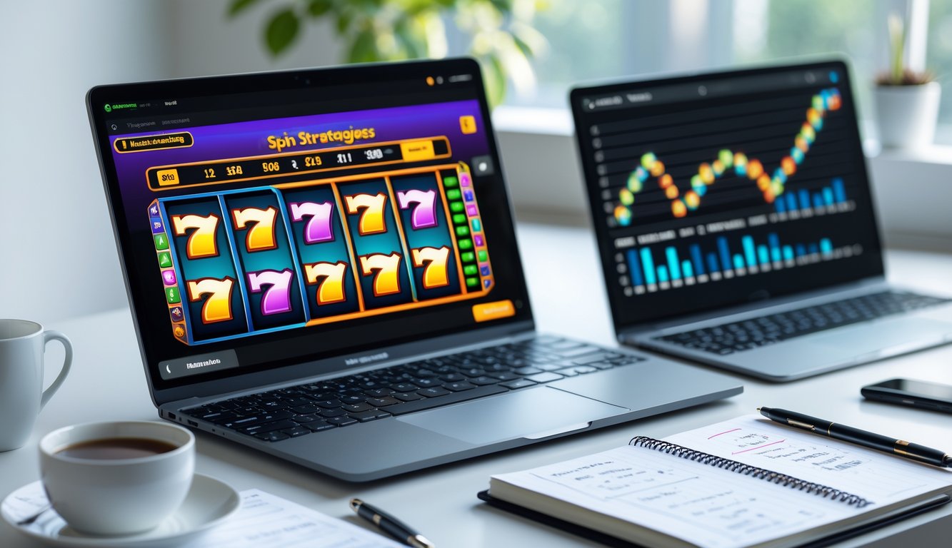 Seorang profesional sedang menggunakan laptop dengan permainan slot online yang berwarna-warni, di sampingnya terdapat buku catatan dengan strategi dan pena di meja kerja yang rapi.