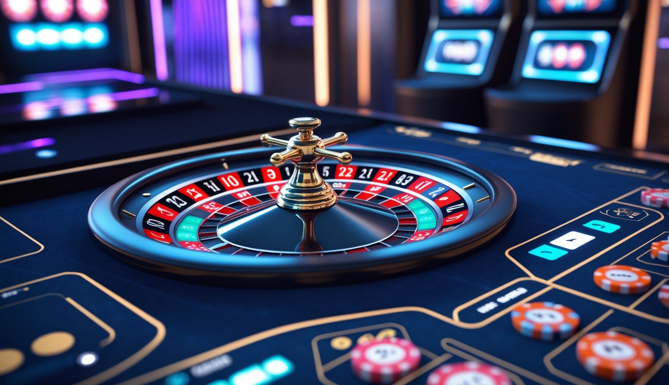 Tampilan permainan roulette online dengan roda roulette digital yang berputar di layar komputer dalam suasana kasino futuristik.