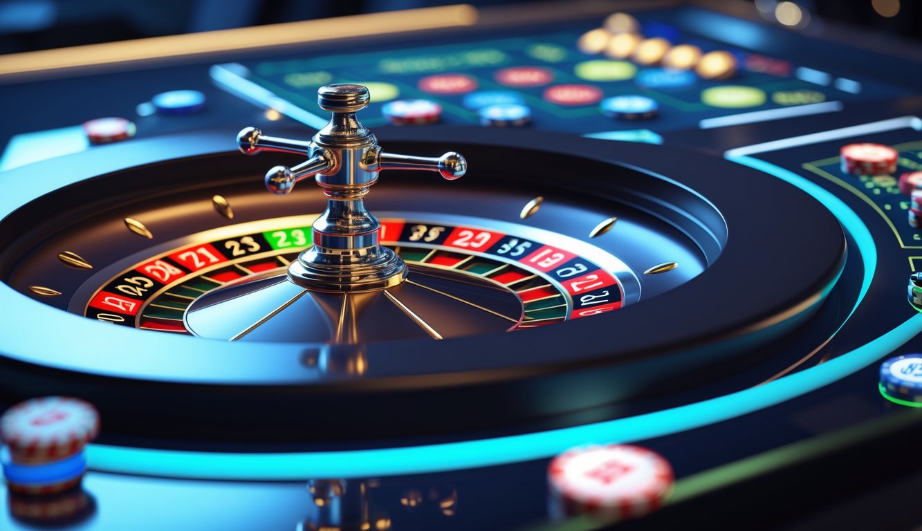 Meja roulette online interaktif dengan roda roulette digital dan area taruhan bercahaya di layar sentuh modern.