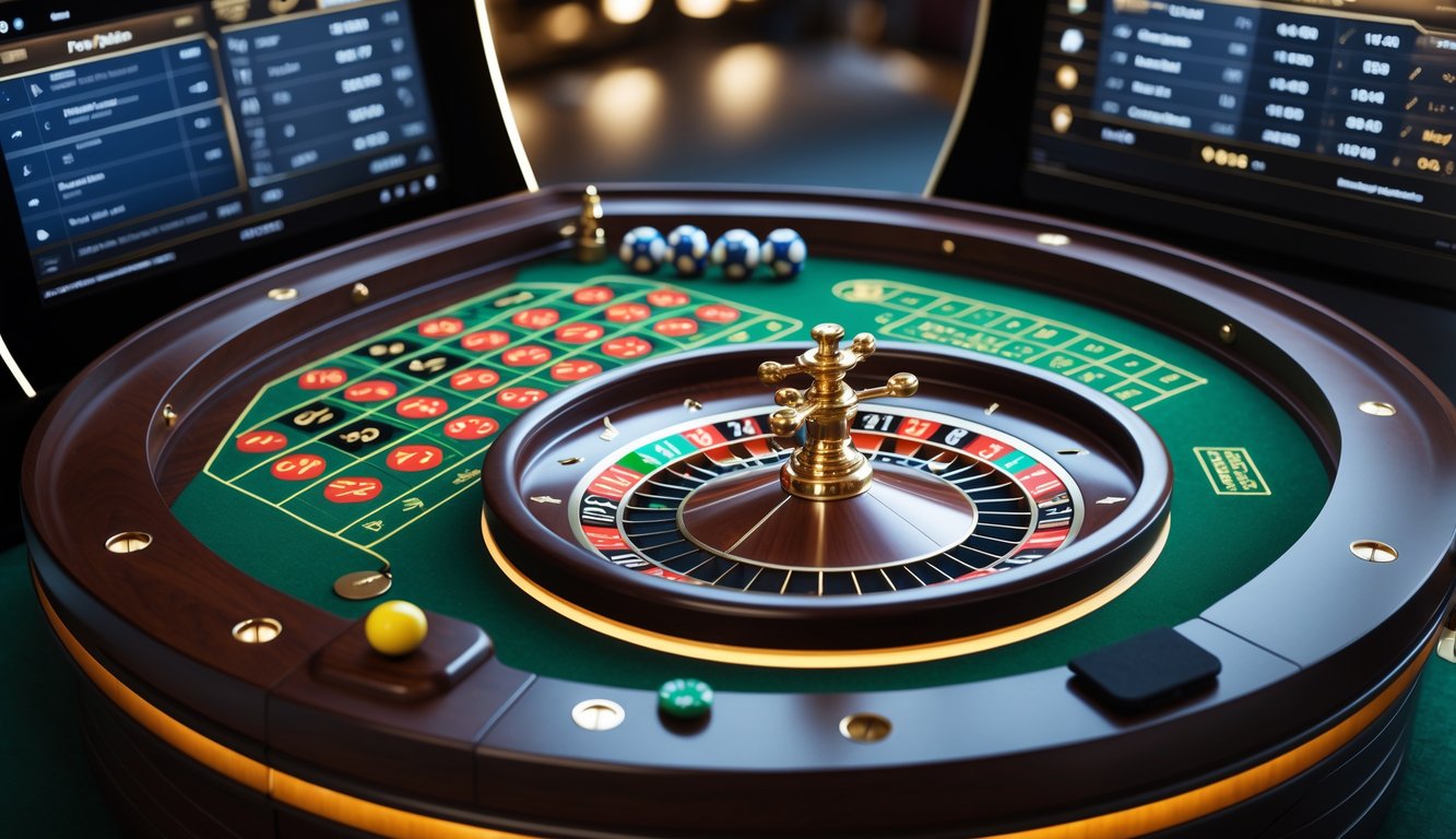 Meja roulette online premium dengan roda roulette berputar dan tampilan digital di sekitarnya.