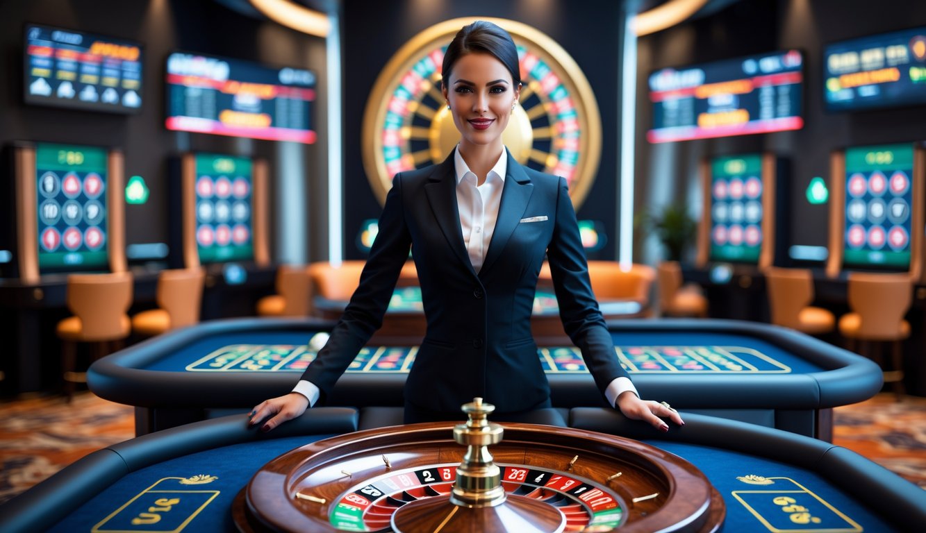 Seorang dealer profesional berdiri di belakang meja roulette dengan roda roulette yang sedang berputar di studio kasino.