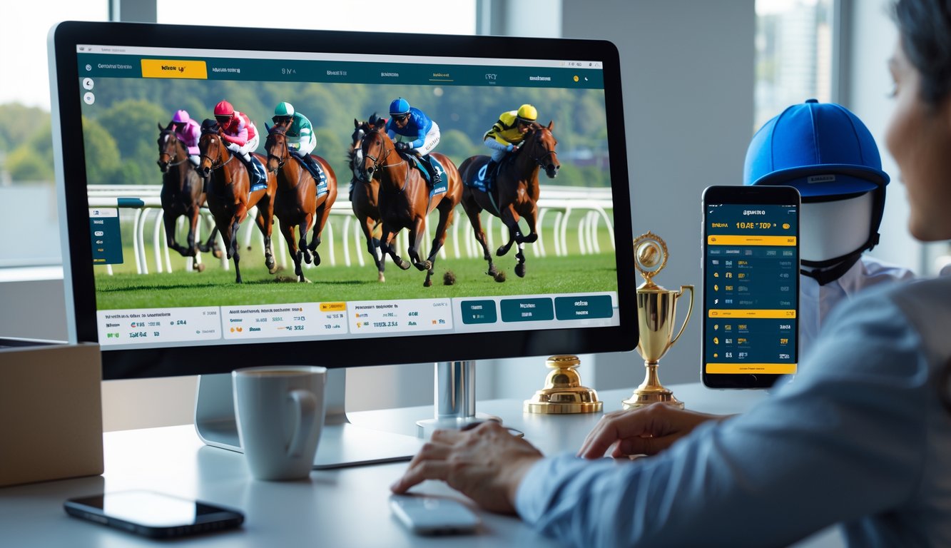 Seorang pria menggunakan komputer untuk memasang taruhan balap kuda online di meja kerja yang rapi.
