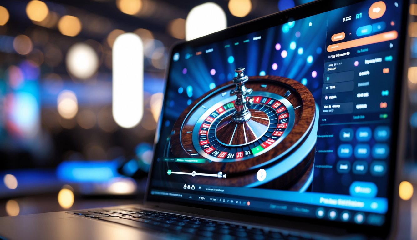 Tampilan layar perangkat digital yang menampilkan permainan roulette online dengan roda roulette yang berputar secara langsung.