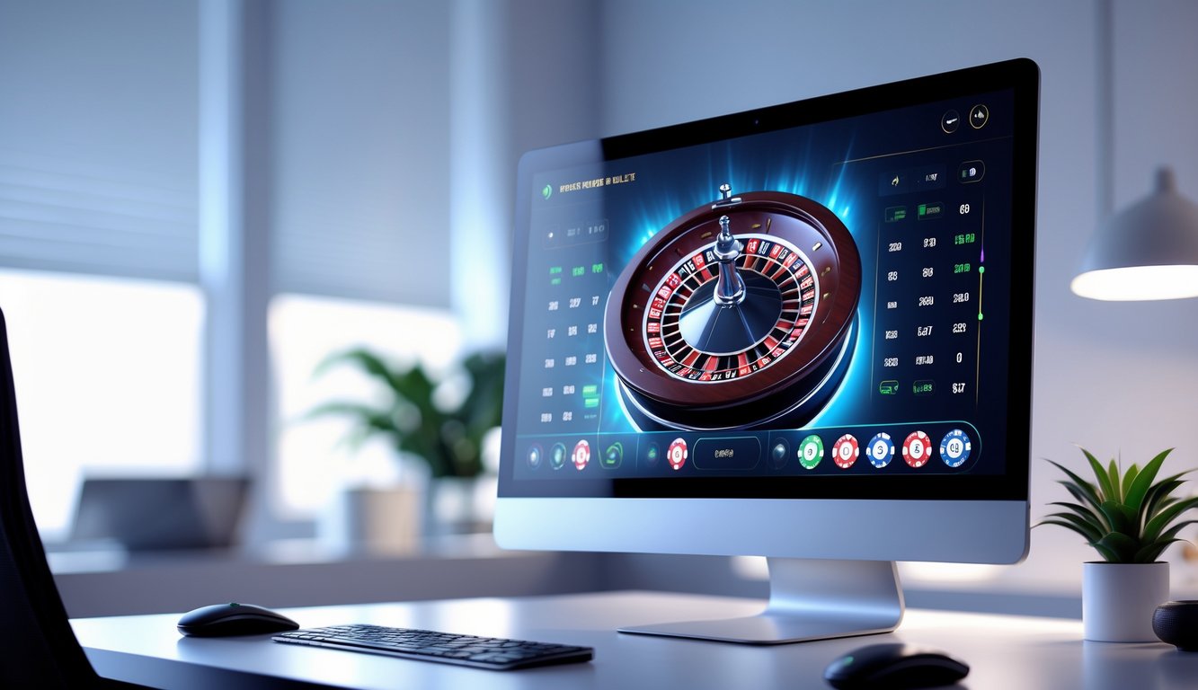 Tampilan layar komputer dengan permainan roulette online modern di lingkungan kerja minimalis.