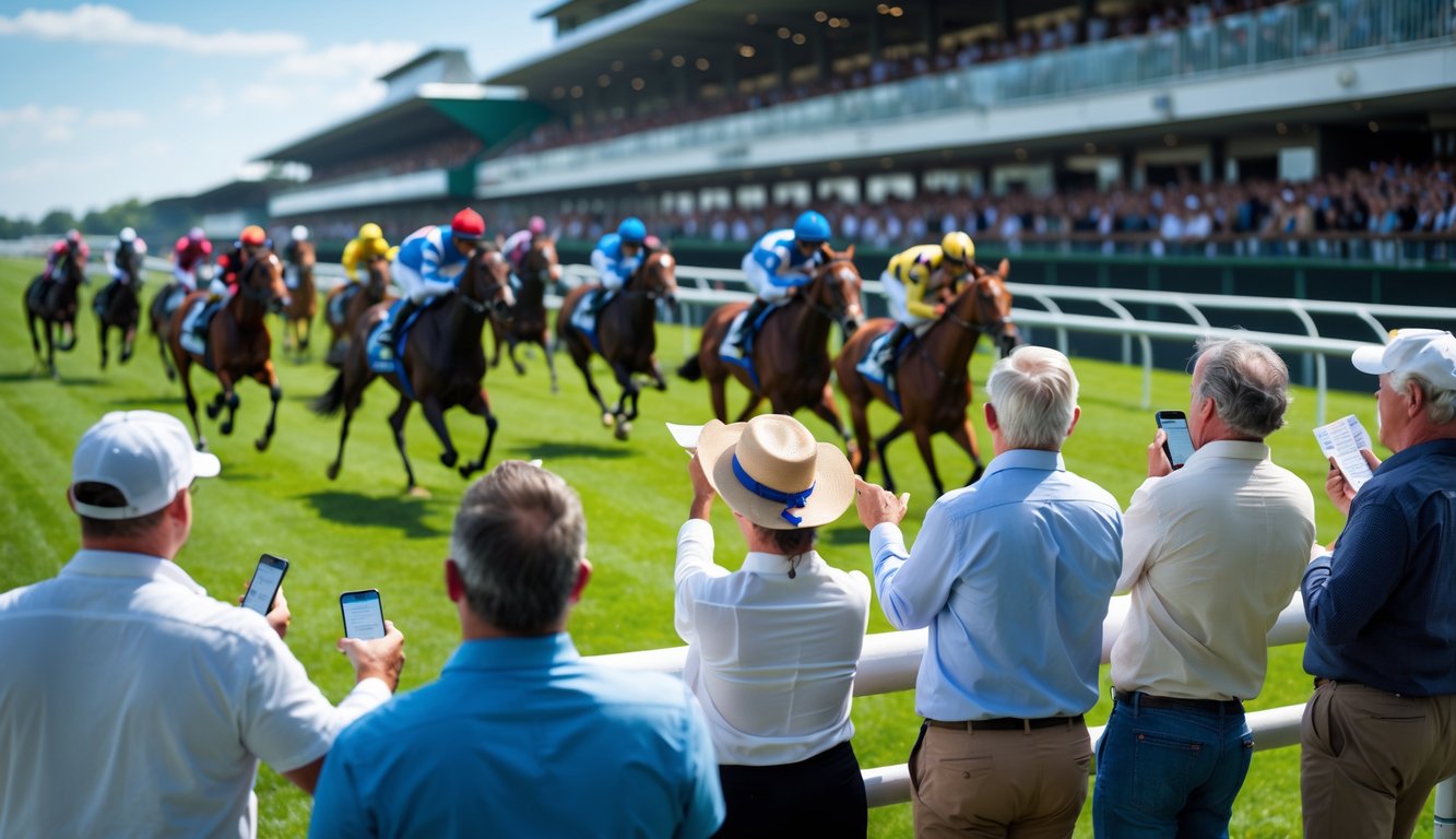 Orang-orang menonton balap kuda sambil memasang taruhan di sebuah arena balap yang ramai.