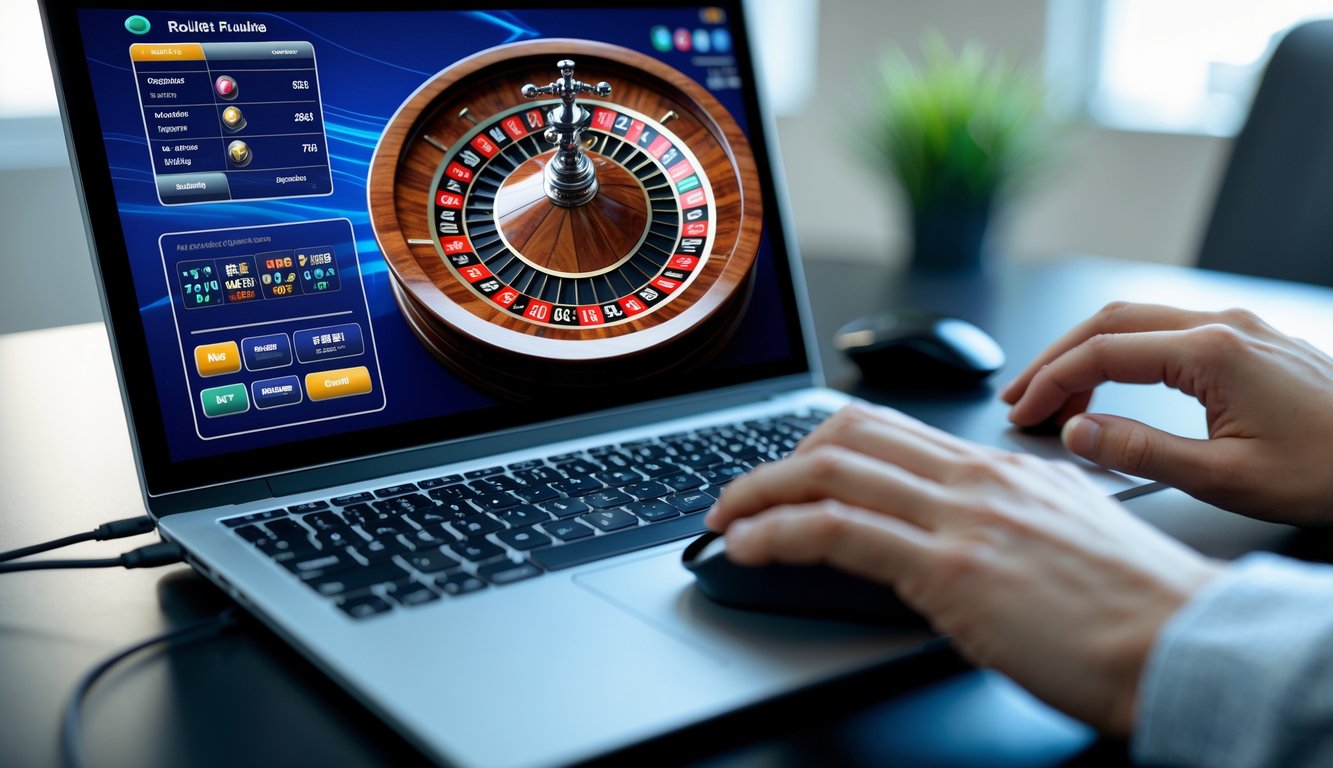 Seorang pemain menggunakan laptop dengan tampilan roda roulette digital, tangan terlihat sedang bermain di lingkungan yang rapi dan profesional.