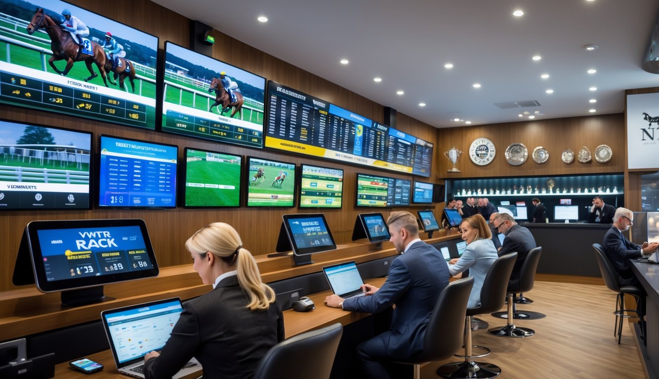 Orang-orang sedang memasang taruhan pada balap kuda di sebuah kantor agen judi yang modern dan ramai.