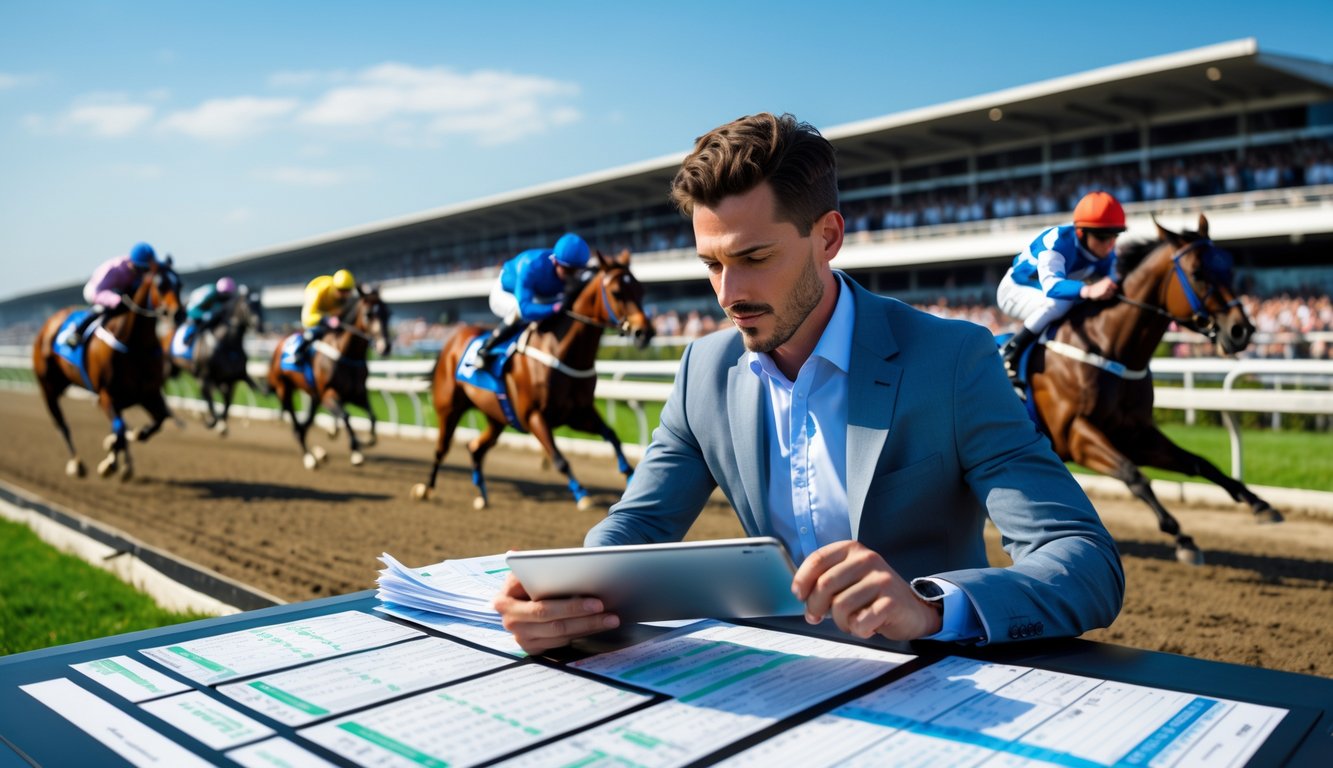 Seorang individu sedang menganalisis data balap kuda di dekat lintasan balap dengan kuda dan joki yang sedang berlomba di latar belakang.