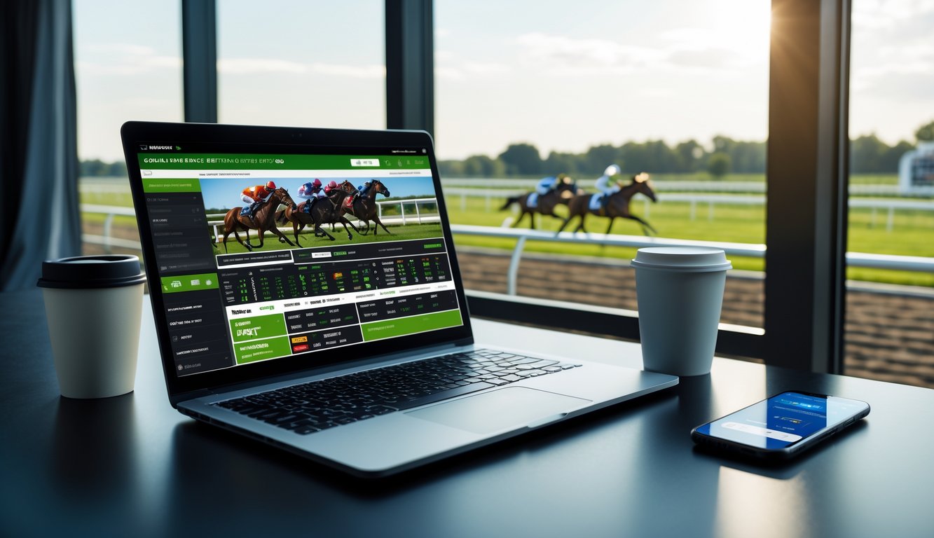 Seorang pria menggunakan laptop dan ponsel untuk memasang taruhan balap kuda online dengan latar belakang lintasan balap kuda.