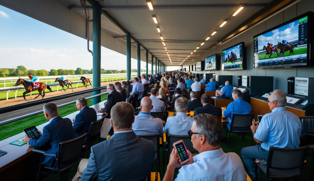 Orang-orang sedang memasang taruhan kuda di area balapan dengan layar besar menampilkan balapan kuda di latar belakang.