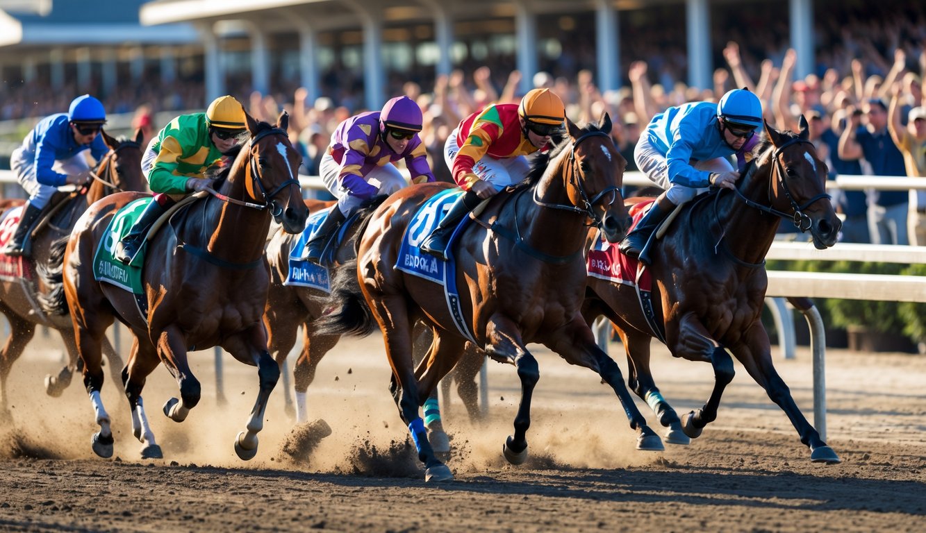 Beberapa kuda pacuan sedang berlari kencang di lintasan dengan joki yang mengenakan pakaian balap berwarna-warni, di depan kerumunan penonton yang bersorak.