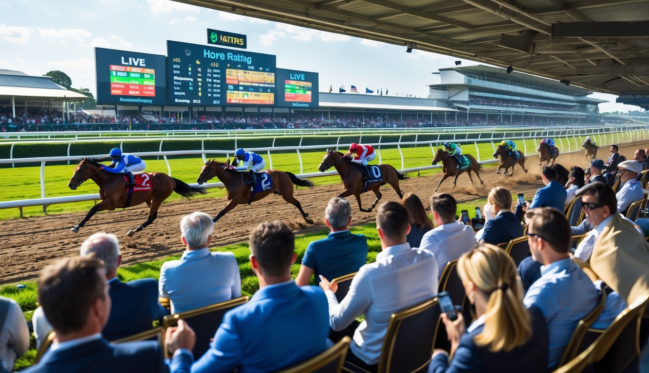 Lomba pacuan kuda internasional dengan joki melaju cepat dan penonton yang antusias menyaksikan perlombaan.