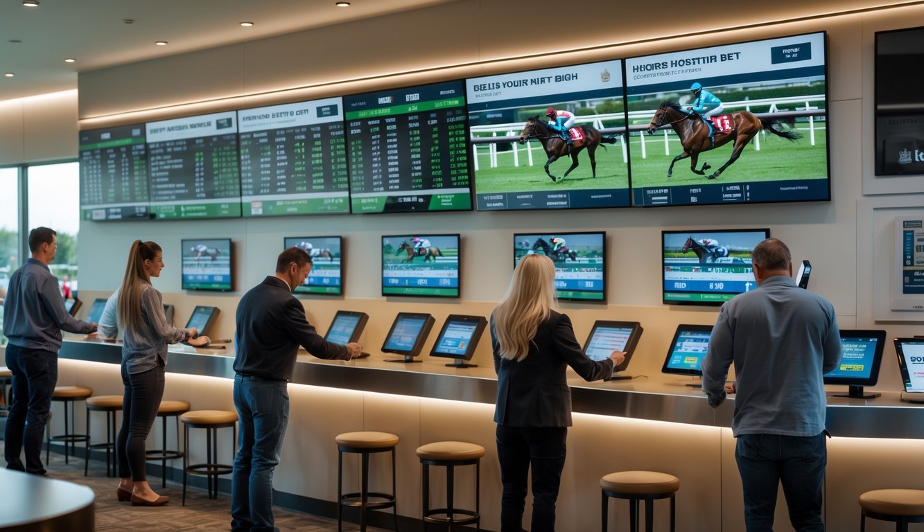 Suasana di dalam agen taruhan balap kuda dengan pelanggan yang sedang memasang taruhan menggunakan perangkat digital.