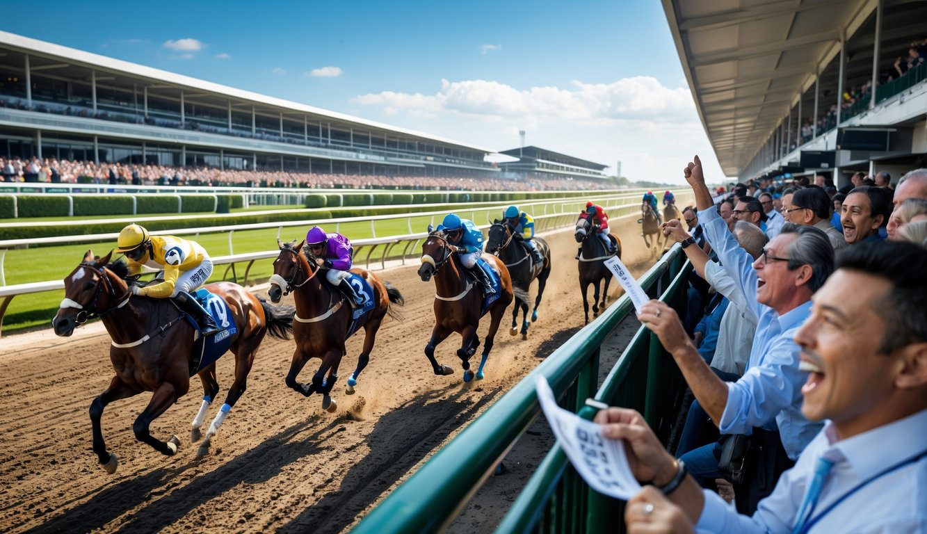 Sejumlah orang menonton balap kuda dengan kuda dan joki berlari cepat di lintasan balap.