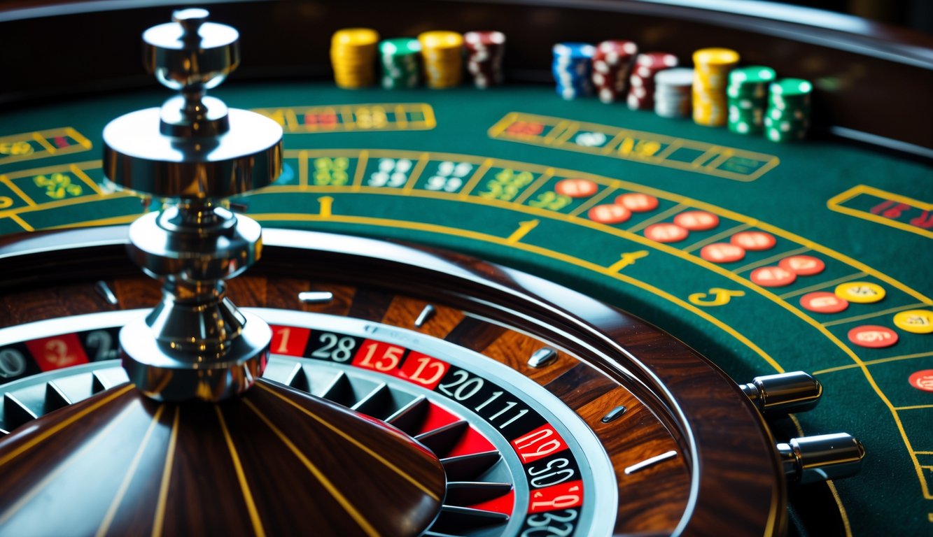 Meja permainan American Roulette dengan roda roulette, bola, dan chip taruhan di kasino.