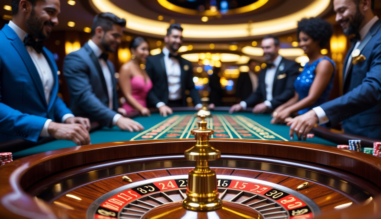 Meja roulette Amerika dengan pemain yang sedang memasang taruhan di kasino yang mewah.