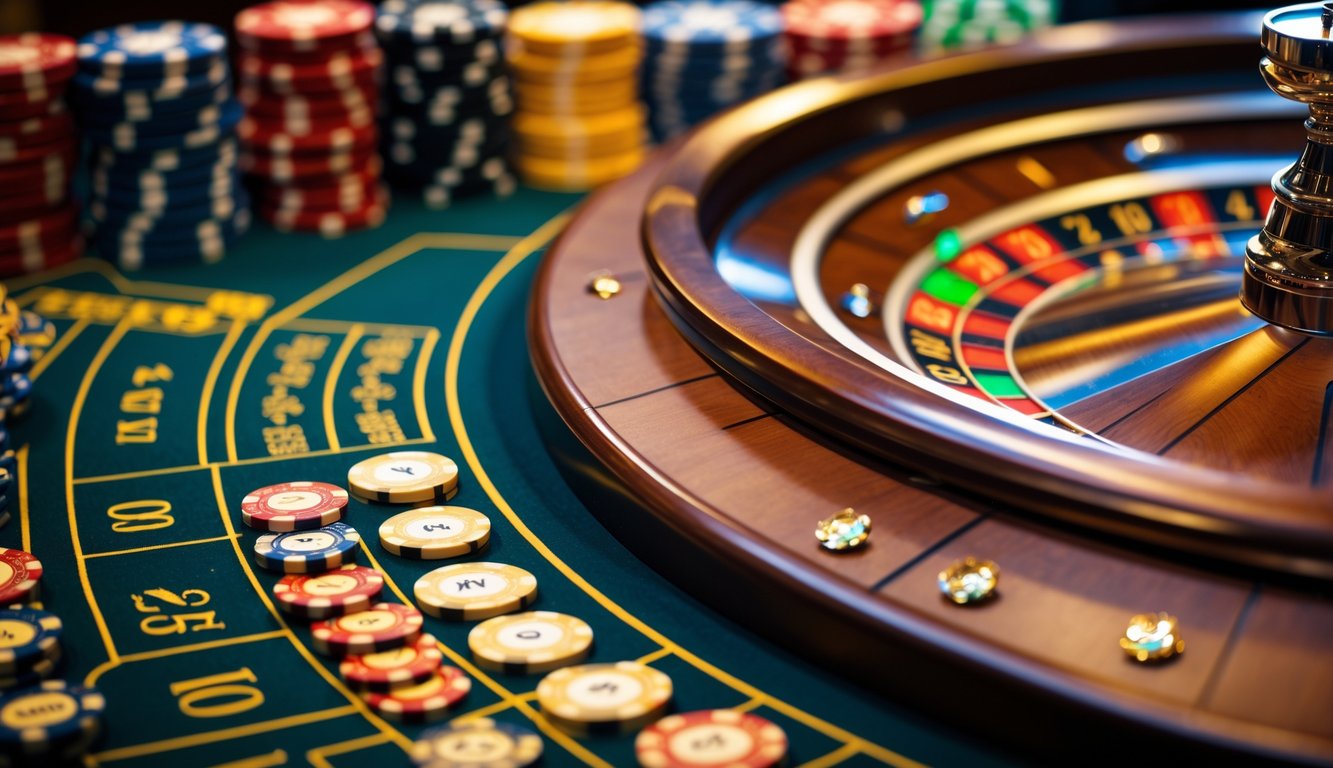 Meja roulette Amerika dengan roda roulette yang berputar dan tumpukan chip taruhan di sekitarnya.