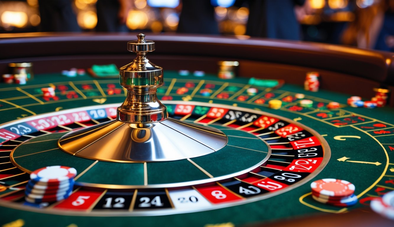 Meja roulette Amerika dengan roda roulette dan taruhan chip di atas meja hijau di dalam kasino.