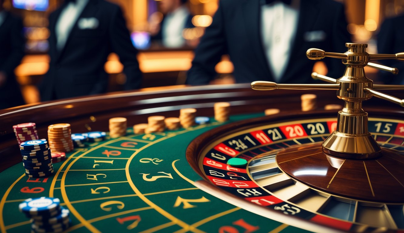 Meja roulette Amerika dengan roda berputar dan chip taruhan di atas meja hijau di dalam kasino mewah.