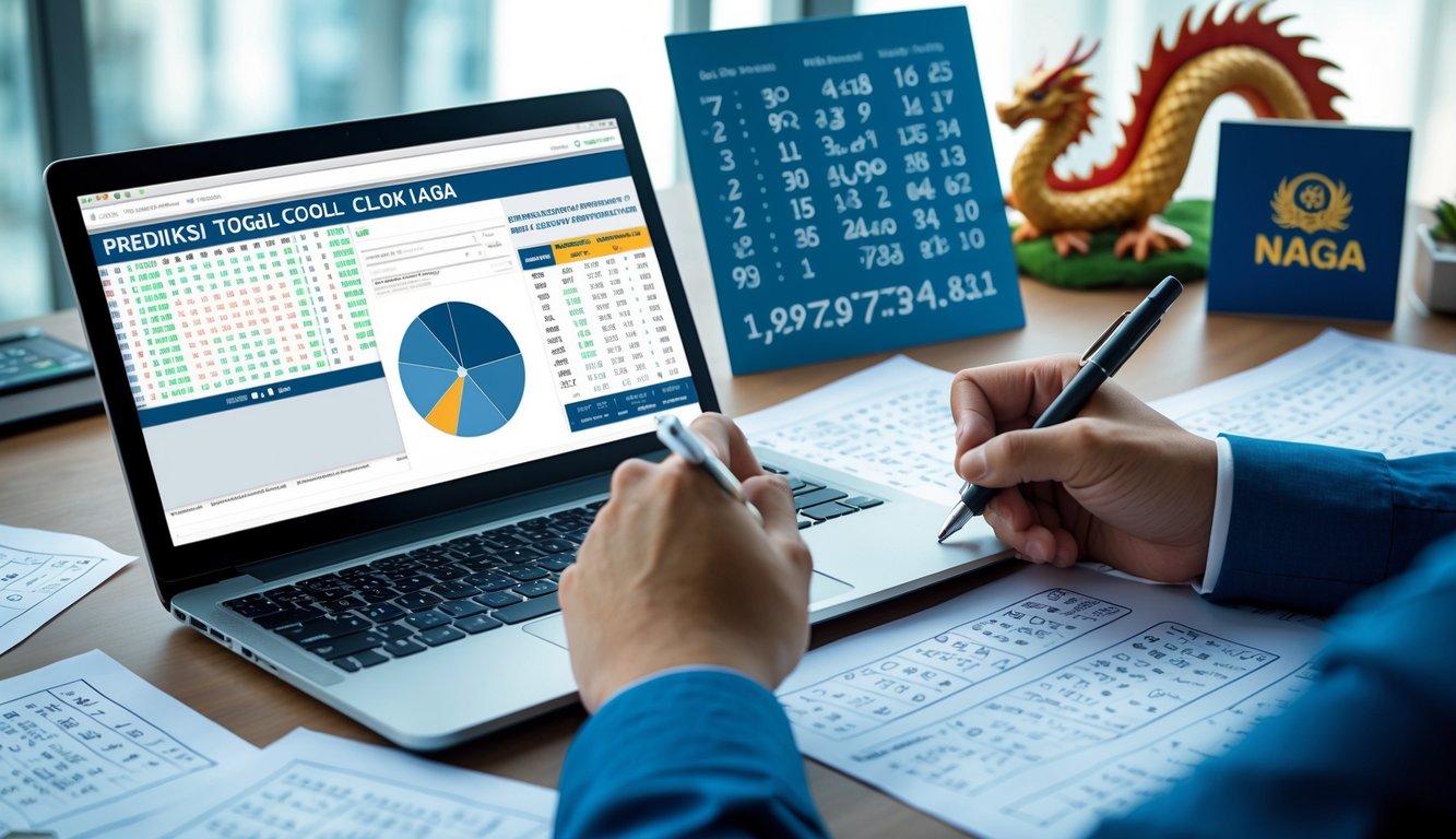 Meja kerja dengan laptop, kertas berisi angka dan tangan memegang pena, serta figur naga di latar belakang.
