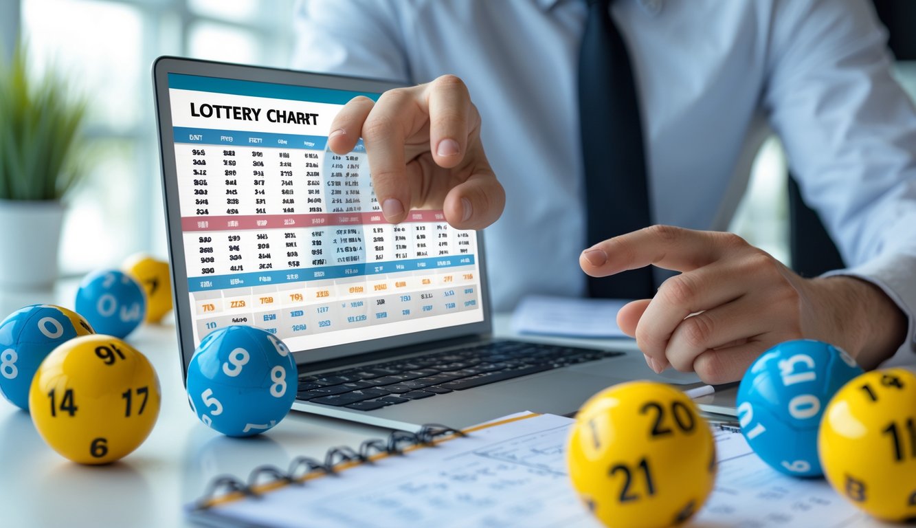 Seseorang sedang menganalisis angka dan catatan di depan laptop dengan bola lotere berwarna di meja.