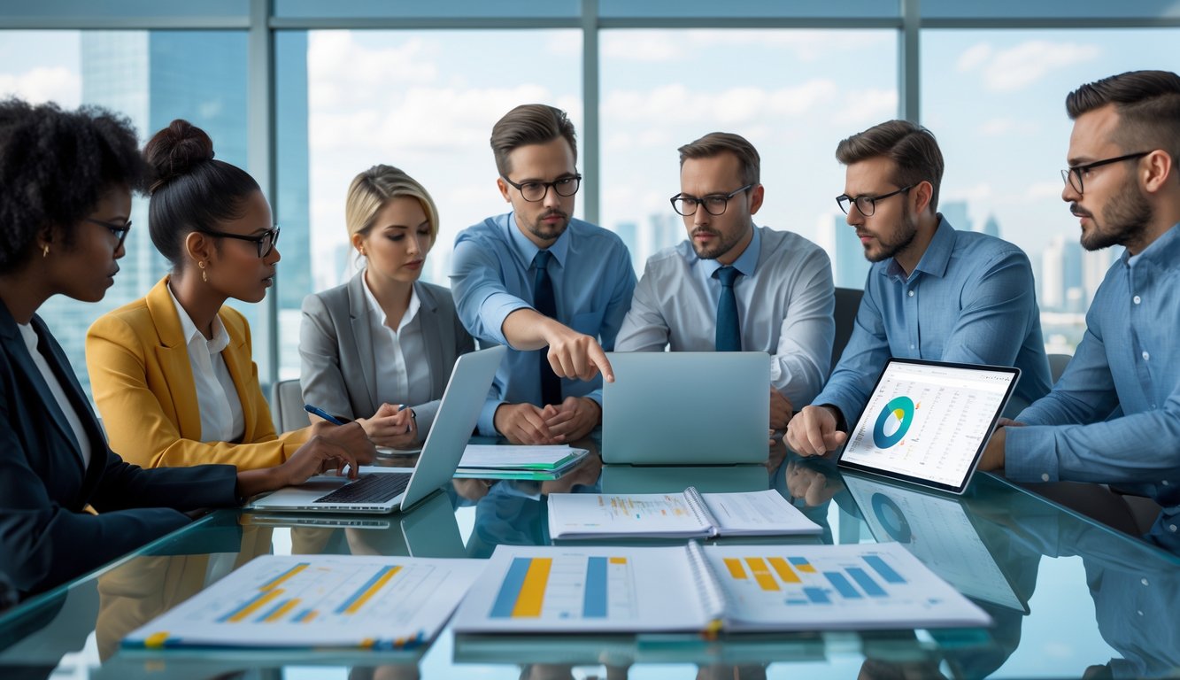 Sekelompok orang sedang berdiskusi dan menganalisis data angka di sebuah ruang kantor dengan meja kaca dan pemandangan kota di latar belakang.