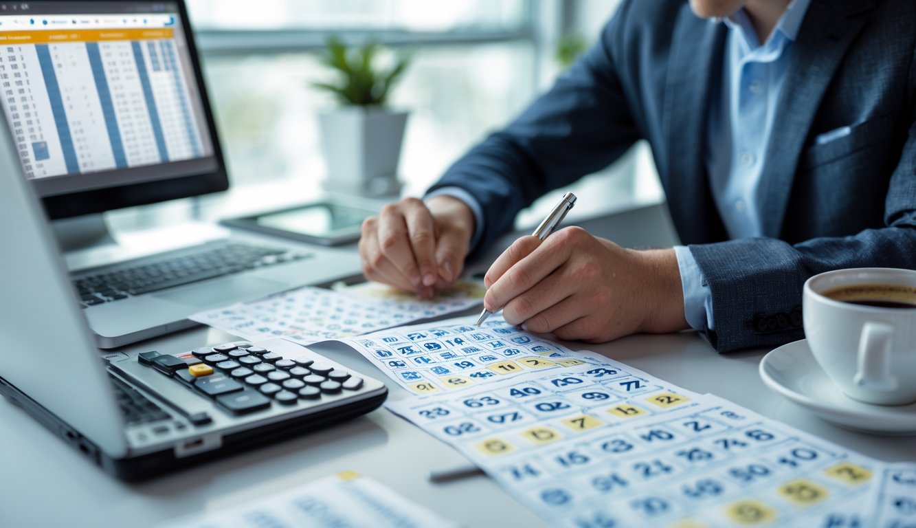 Seseorang sedang menganalisis tiket lotere dan grafik angka di meja kerja dengan laptop dan alat tulis.