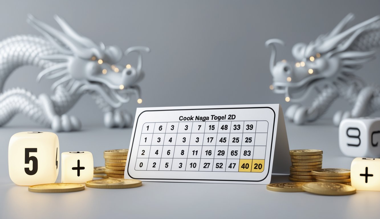 Tiket lotere dengan angka dalam format 2D dikelilingi oleh koin emas dan motif naga samar di latar belakang.