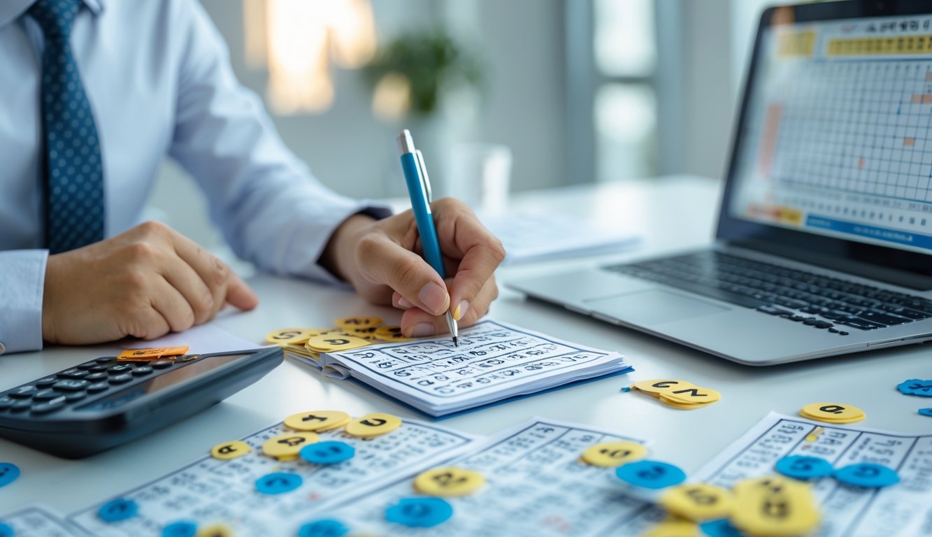 Seorang pria sedang menganalisis tiket lotre dan grafik angka di atas meja kerja yang rapi.