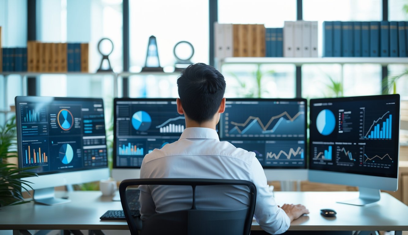 Seorang analis bisnis duduk di meja modern dengan beberapa layar komputer yang menampilkan grafik dan data prediksi di kantor yang terang.
